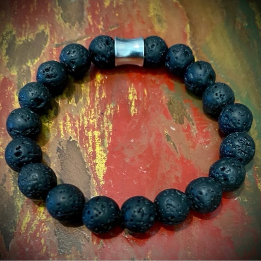 Natural Black Volcanic Lava Gemstone Beaded Stretch Bracelet - New
